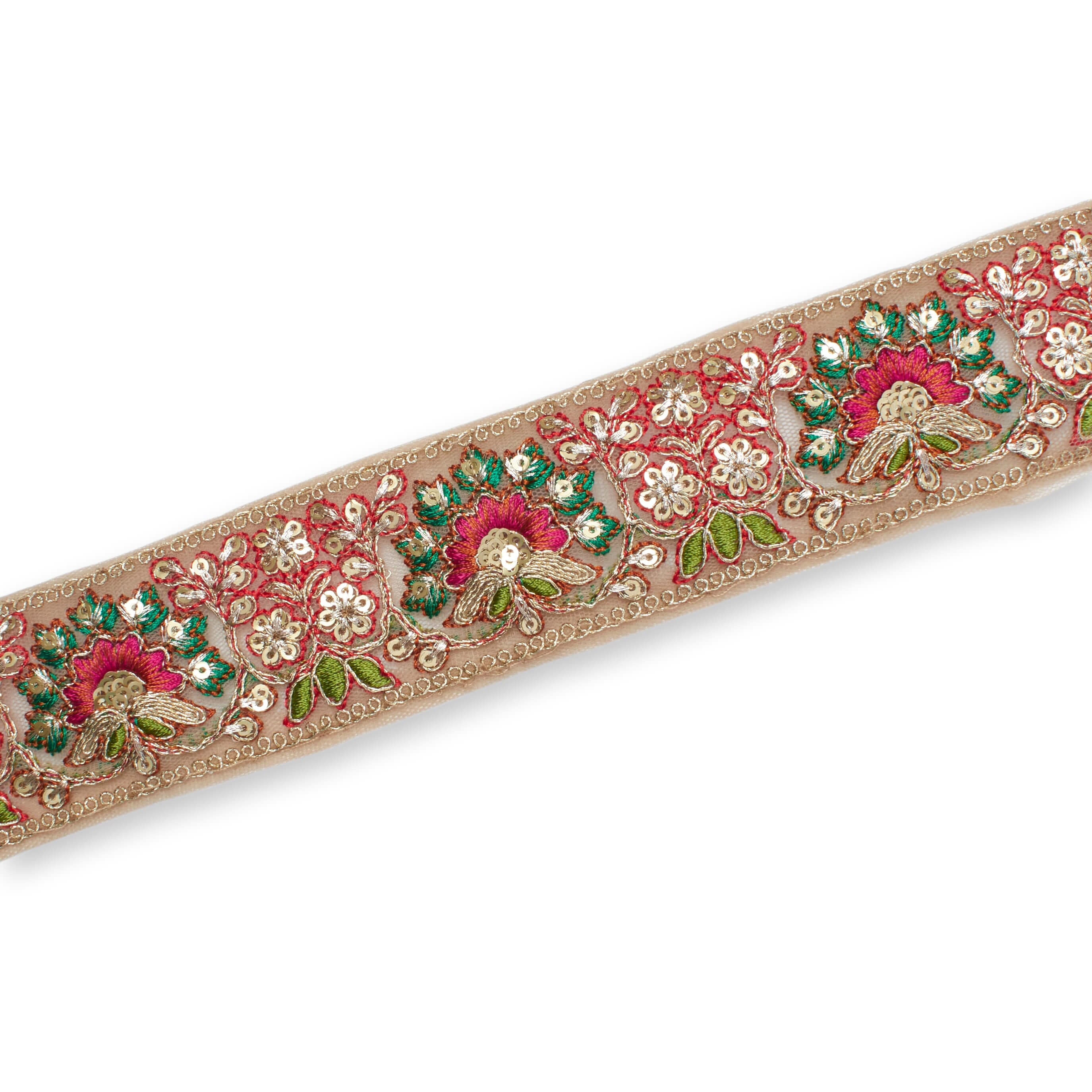 1.75 Inch Floral Bloom Sequin Metallic Corded Embroidery Net Mesh Trim (9.8 Yards / 9 Meters) - Image 14