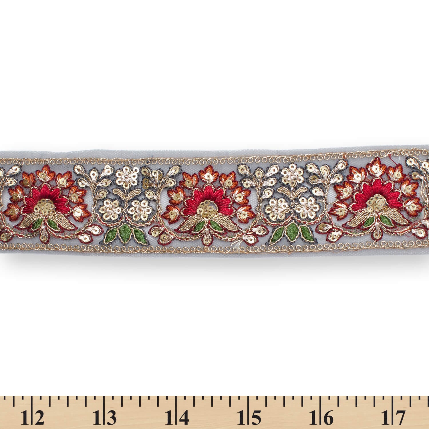 1.75 Inch Floral Bloom Sequin Metallic Corded Embroidery Net Mesh Trim (9.8 Yards / 9 Meters) - Image 4