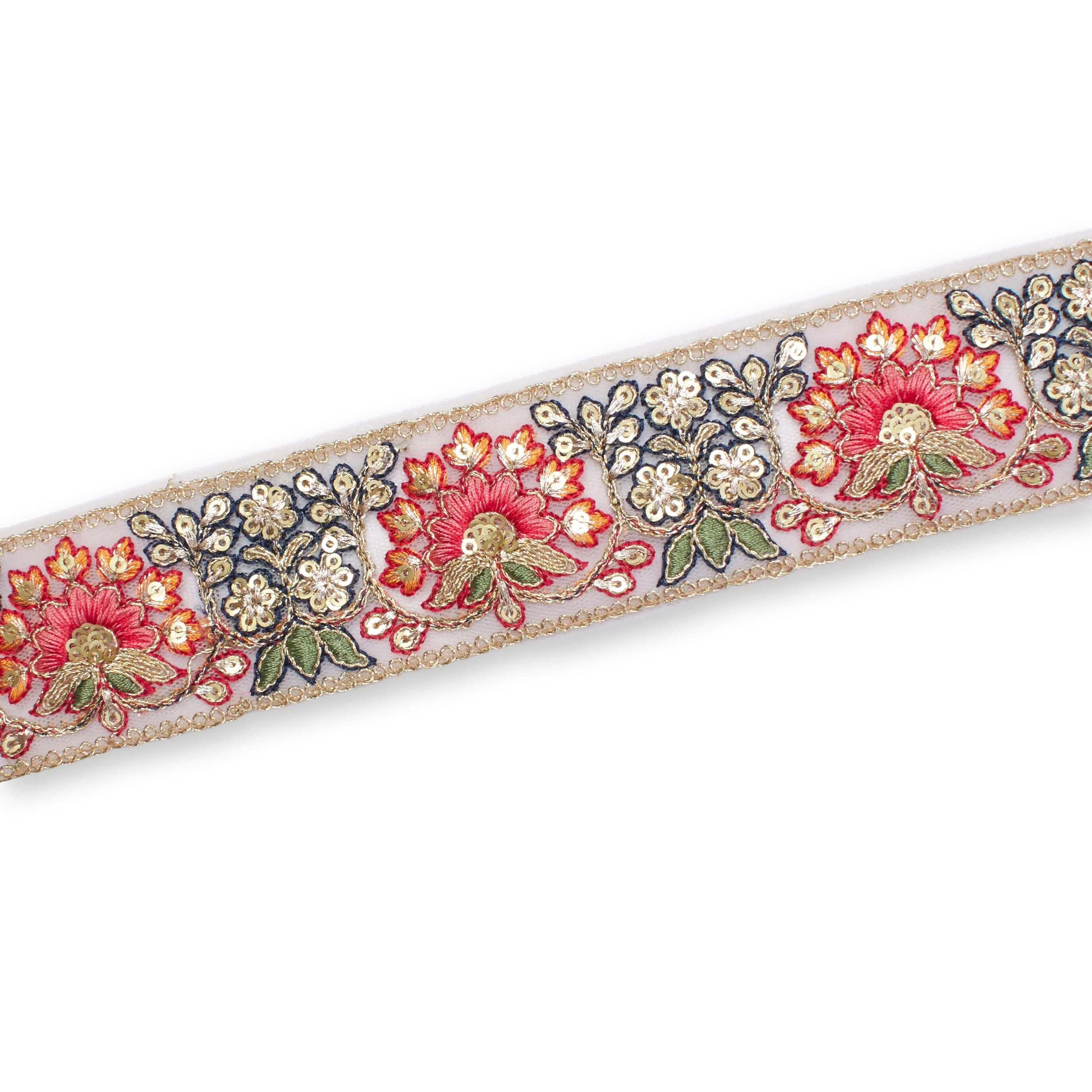 1.75 Inch Floral Bloom Sequin Metallic Corded Embroidery Net Mesh Trim (9.8 Yards / 9 Meters) - Image 5