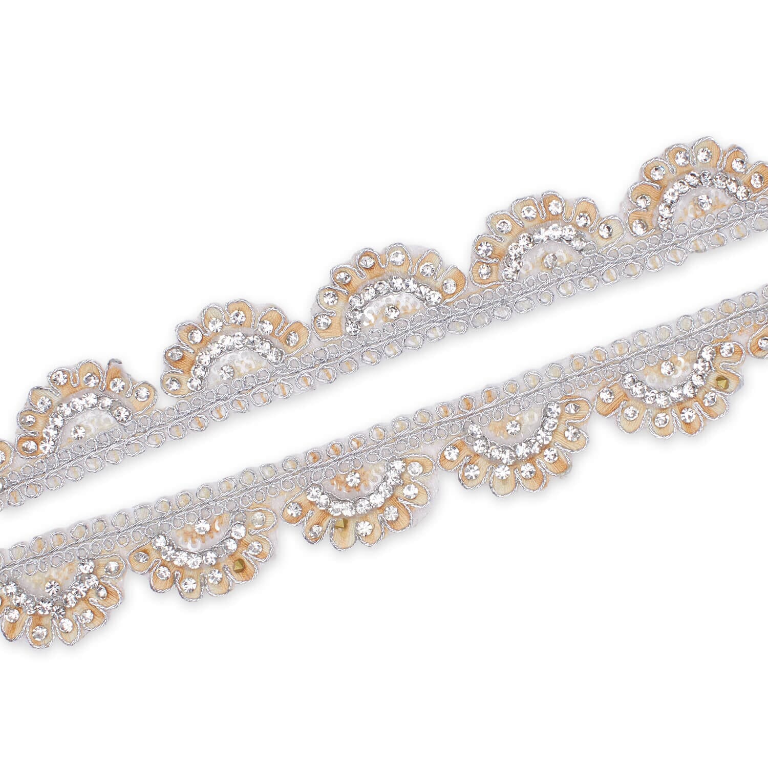 1 Inch Rhinestone Metallic Cording On Scalloped Embroidered Trim (9.8 Yards / 9 Meters) - Image 3