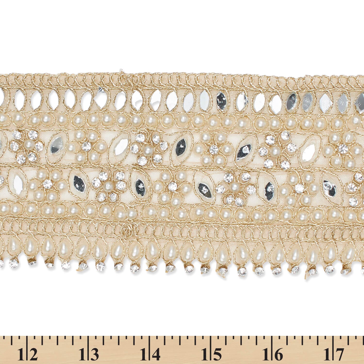 2.5 Inch Beaded Pearly Rhinestone Mirrored Floral Leafy Metallic Corded Mesh Lace Trim - Image 13
