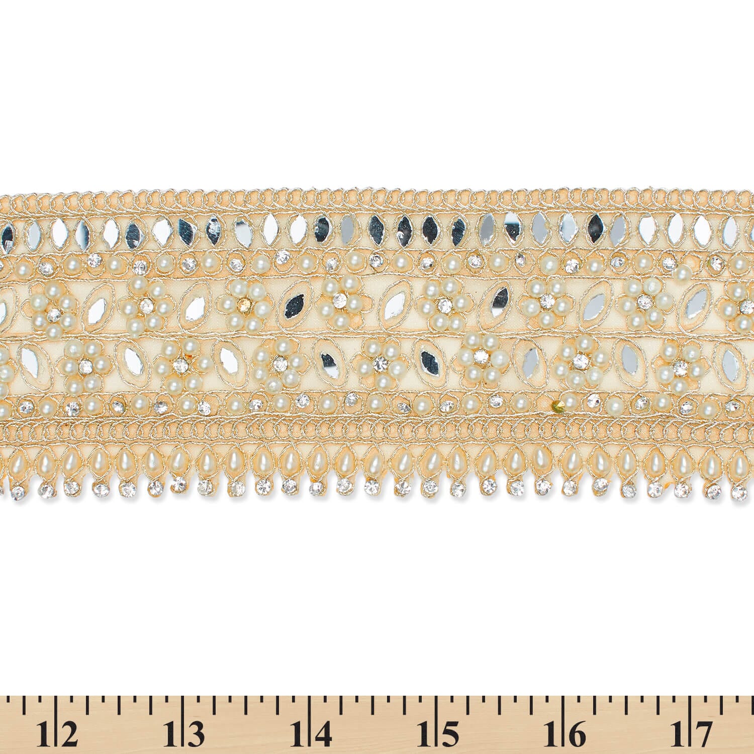 2.5 Inch Beaded Pearly Rhinestone Mirrored Floral Leafy Metallic Corded Mesh Lace Trim - Image 16