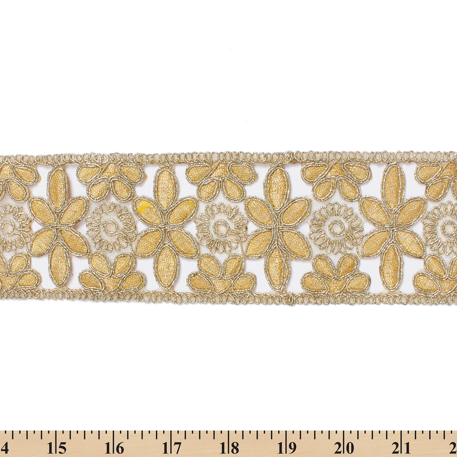 2.5 Inch Daisy Flower Metallic Corded Embroidery On Mesh Lace Trim (9.8 Yards / 9 Meters) - Image 3