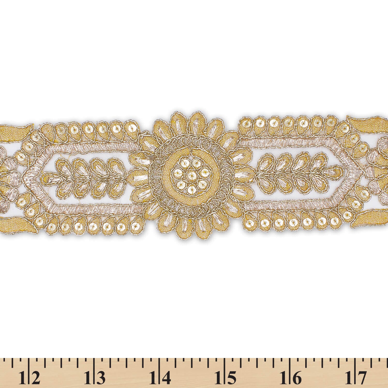 2.5 Inch Sunflower Floral Sequined Metallic Cording With Embroidery On Mesh Trim (9.8 Yards / 9 Meters) - Image 4