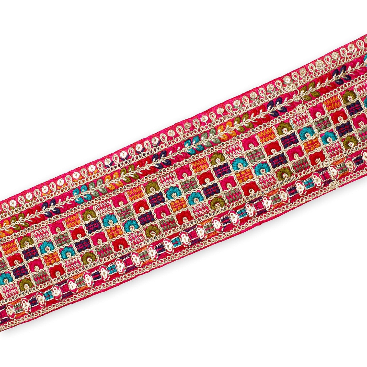 3 Inch Geometric Floral Sequined Metallic Embroidery On Hemmed Woven Fabric Trim - Image 11