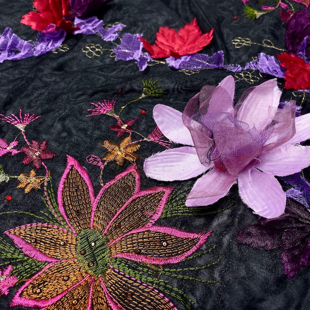 Black Blossom Floral Patch Double Layer Organza - Image 2