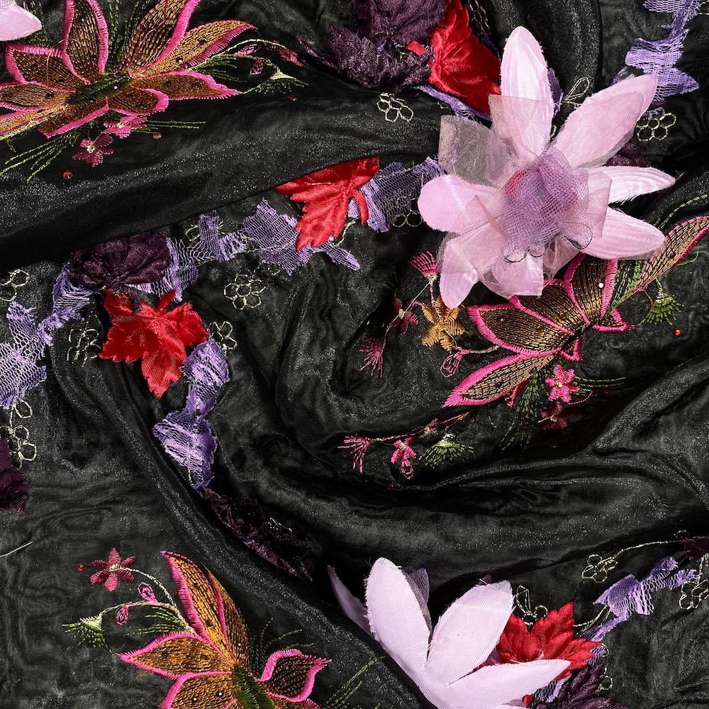 Black Blossom Floral Patch Double Layer Organza - Image 3