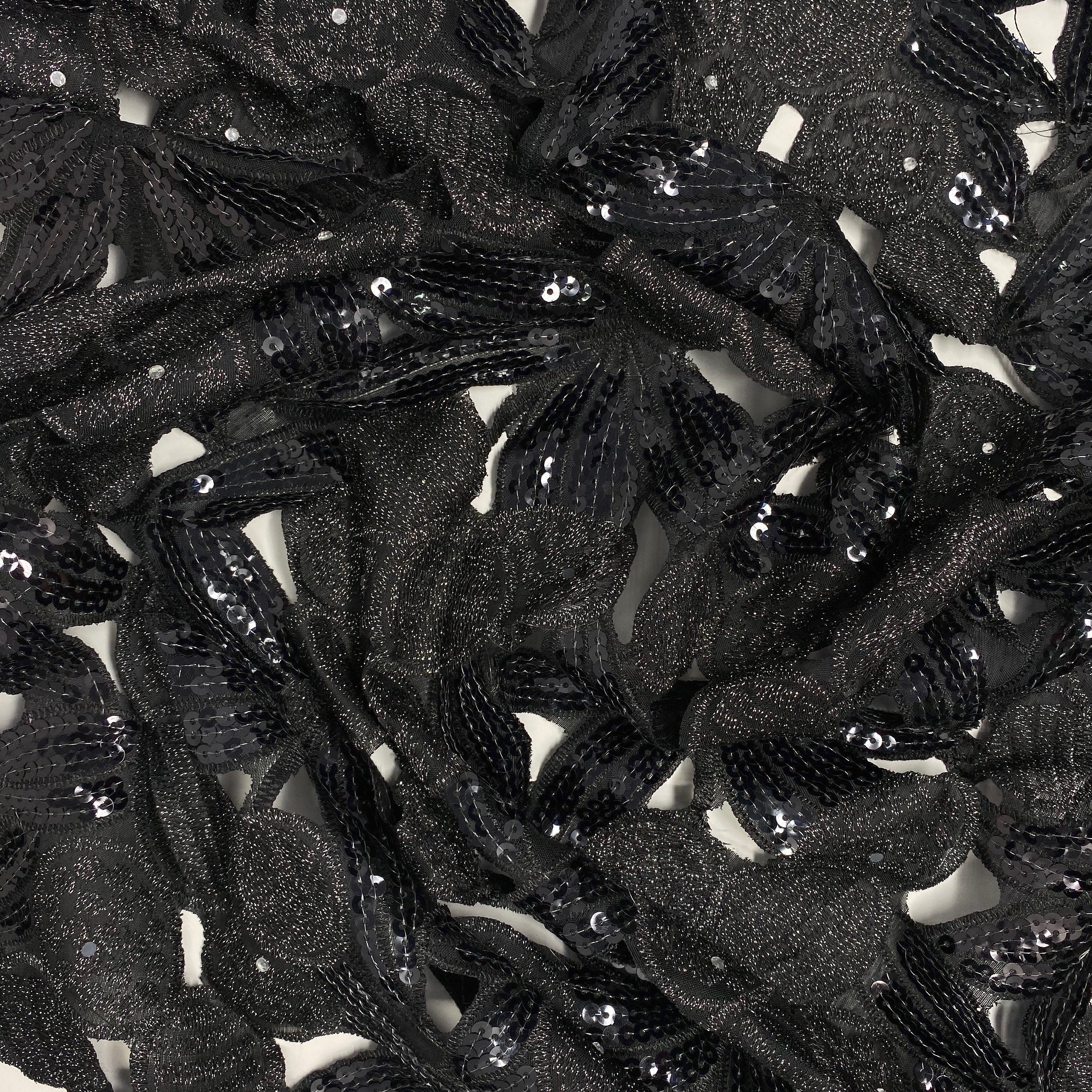 Black Coconut Palm Metallic Sequin Lace - Image 3