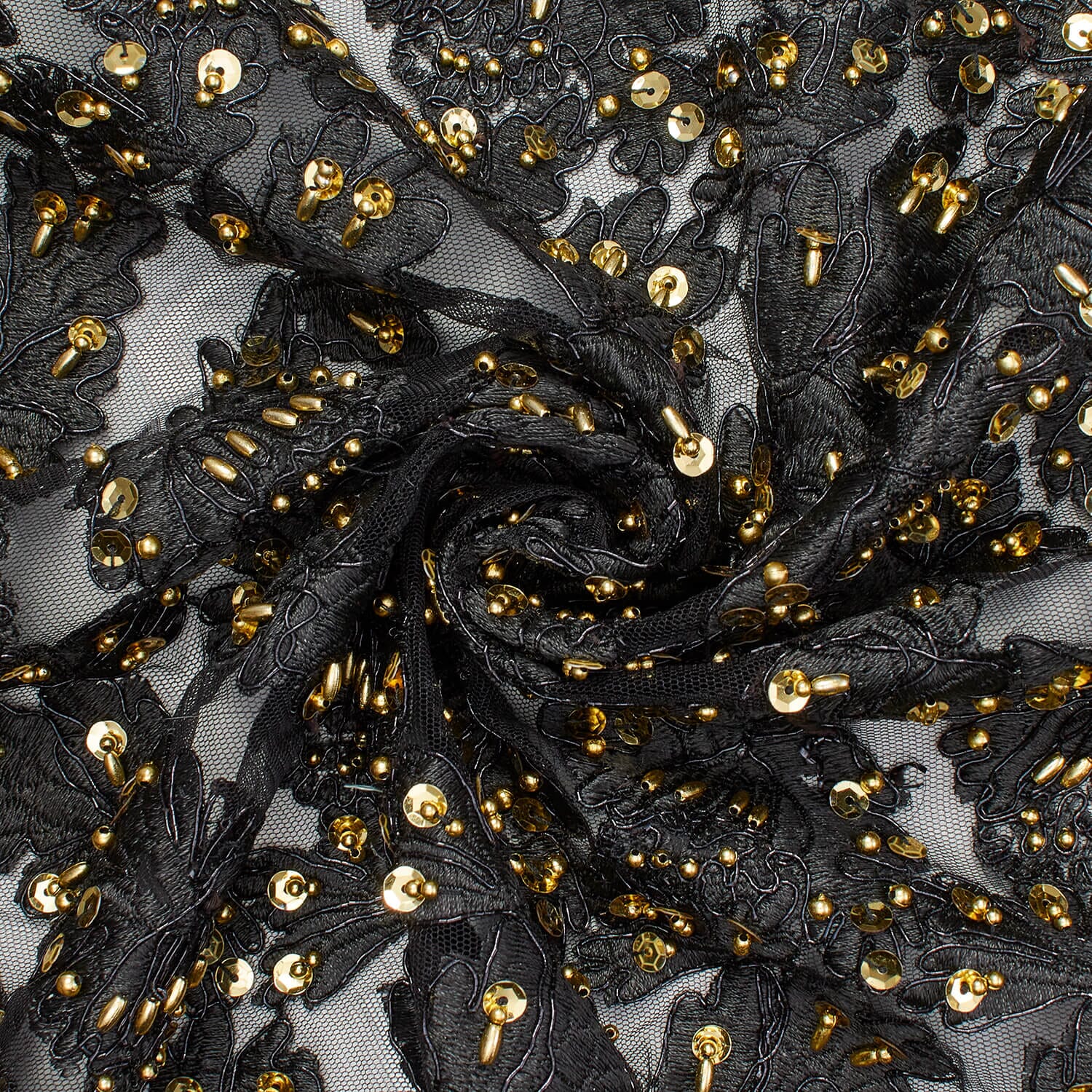 Black Embroidered Flowers With Gold Sequins On Mesh - Image 2