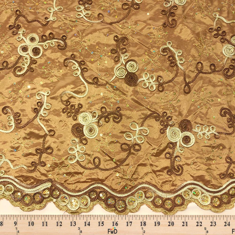 Brown Embroidered Rosette on Gold Satin - Image 3