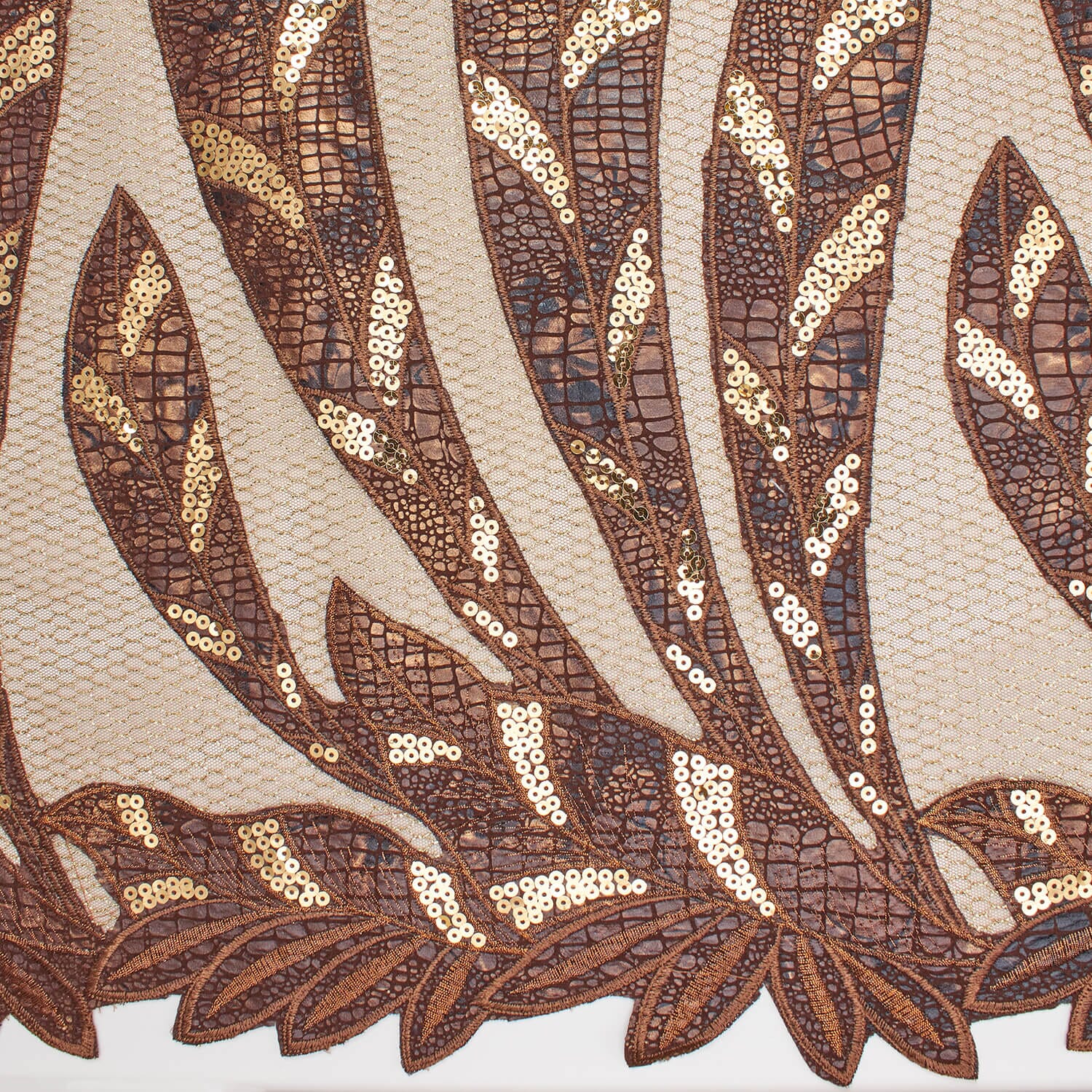 Brown Embroidered Sequin Leaves On Gold Mesh - Image 2