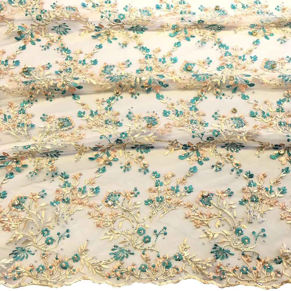 Champagne Ariya Beaded Embroidery Sequins on Mesh Lace