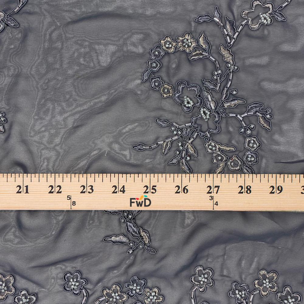 Charcoal Floral Bloom Corded Beaded Lace - Image 4