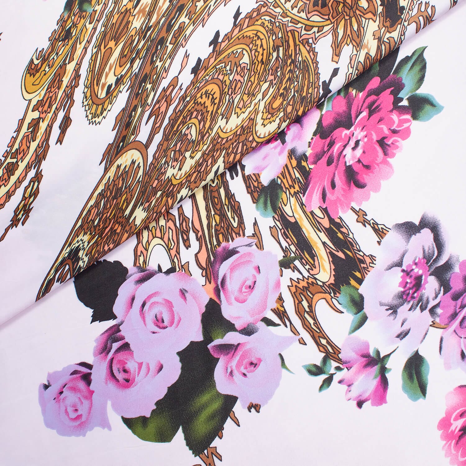 Floral Bouquet & Paisley Printed Polyester Charmeuse Satin - Image 3