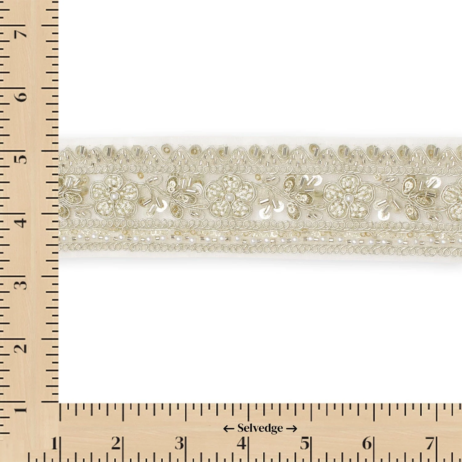 Floral Vine Beaded Sequin Metallic Woven Embroidery On 2 Inch Hemmed Mesh Lace Trim - Image 4