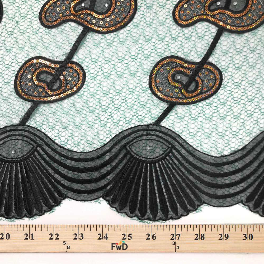 Green Corded Rings Sequins Embroidery Chemical Mesh - Image 3