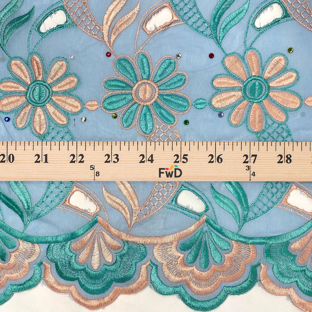 Light Blue Daisy Embroidery with Rhinestones on Organza Lace - Image 4