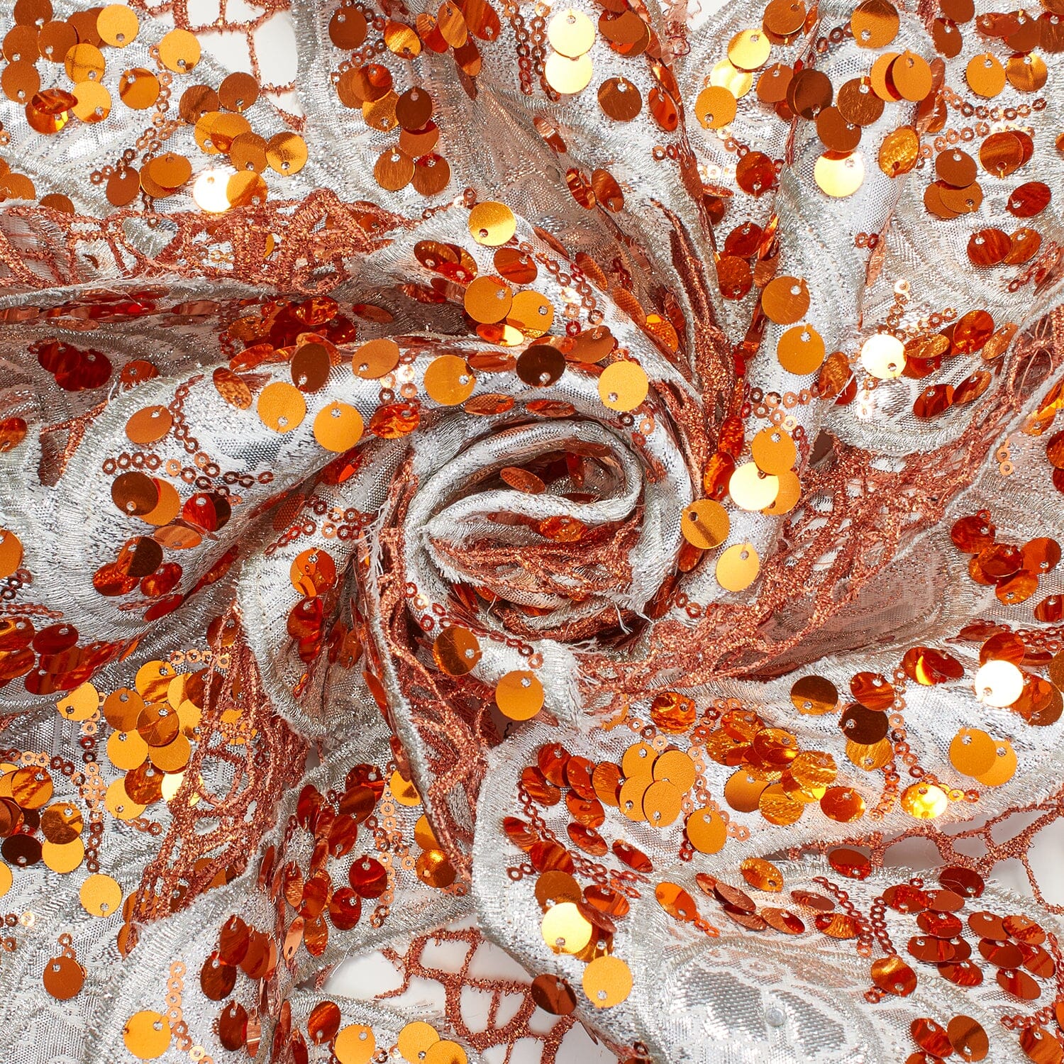 Metallic Floral Sequin Brocade on Orange Chemical Lace - Image 2