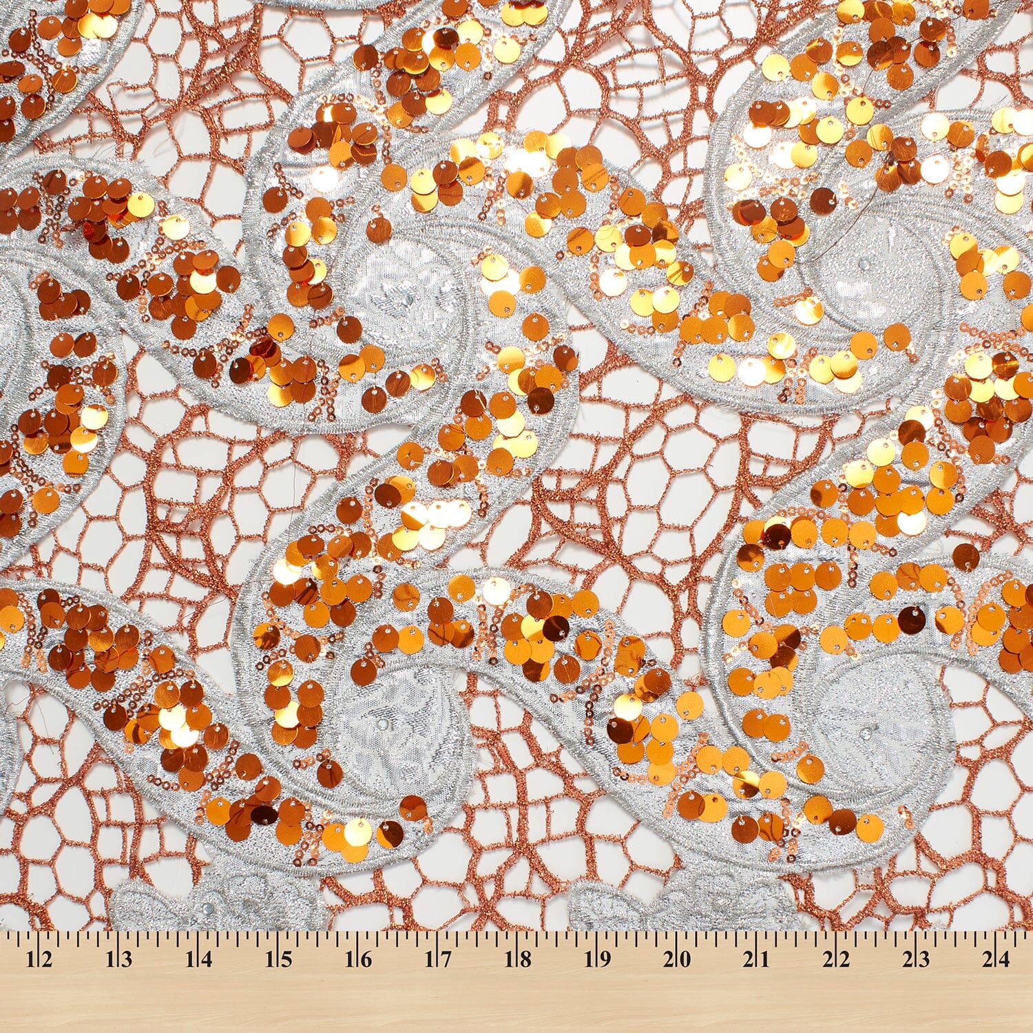 Metallic Floral Sequin Brocade on Orange Chemical Lace - Image 4