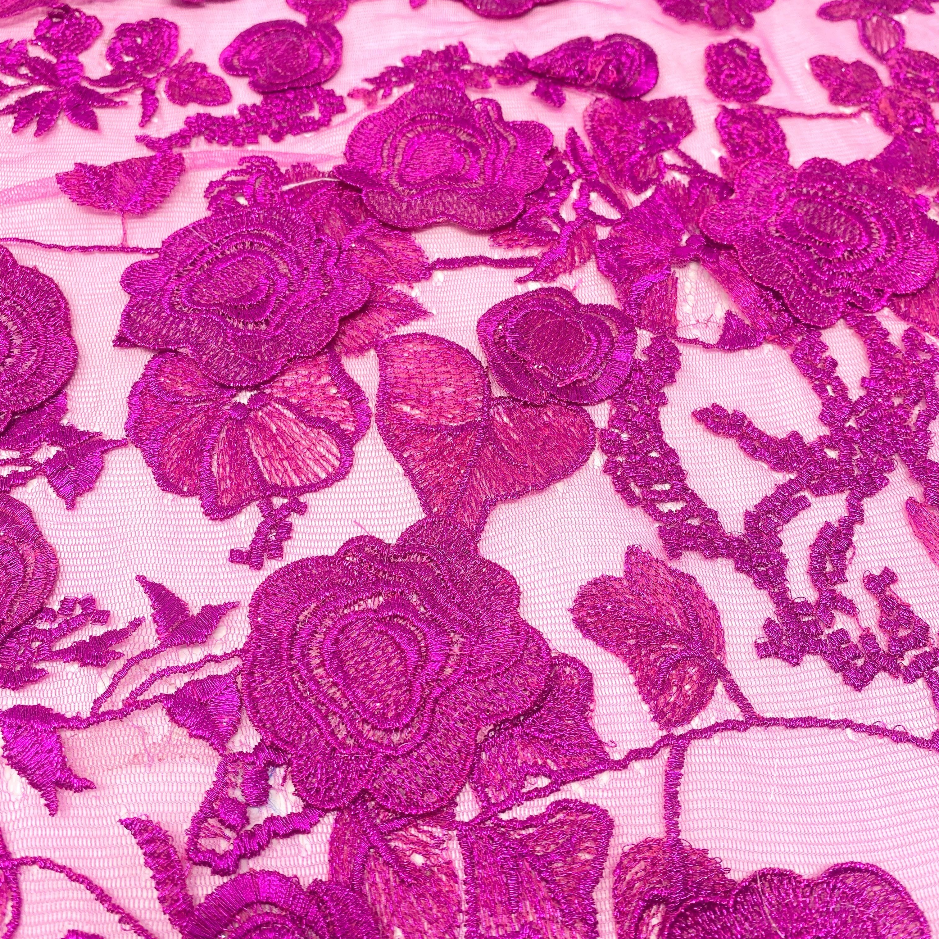Metallic Fuchsia Floral Embroidered on Tulle - Image 2