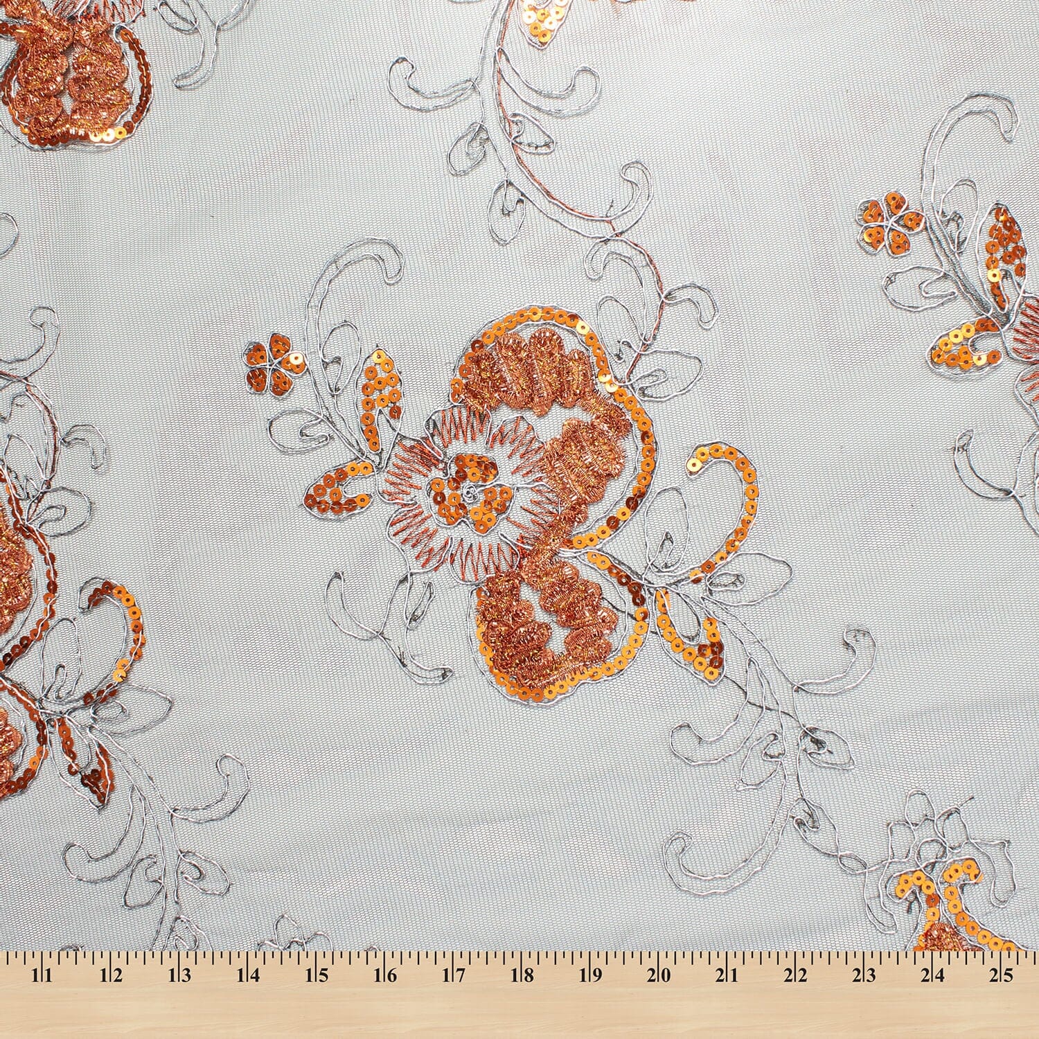 Orange Floral Sequins On Black Mesh - Image 4
