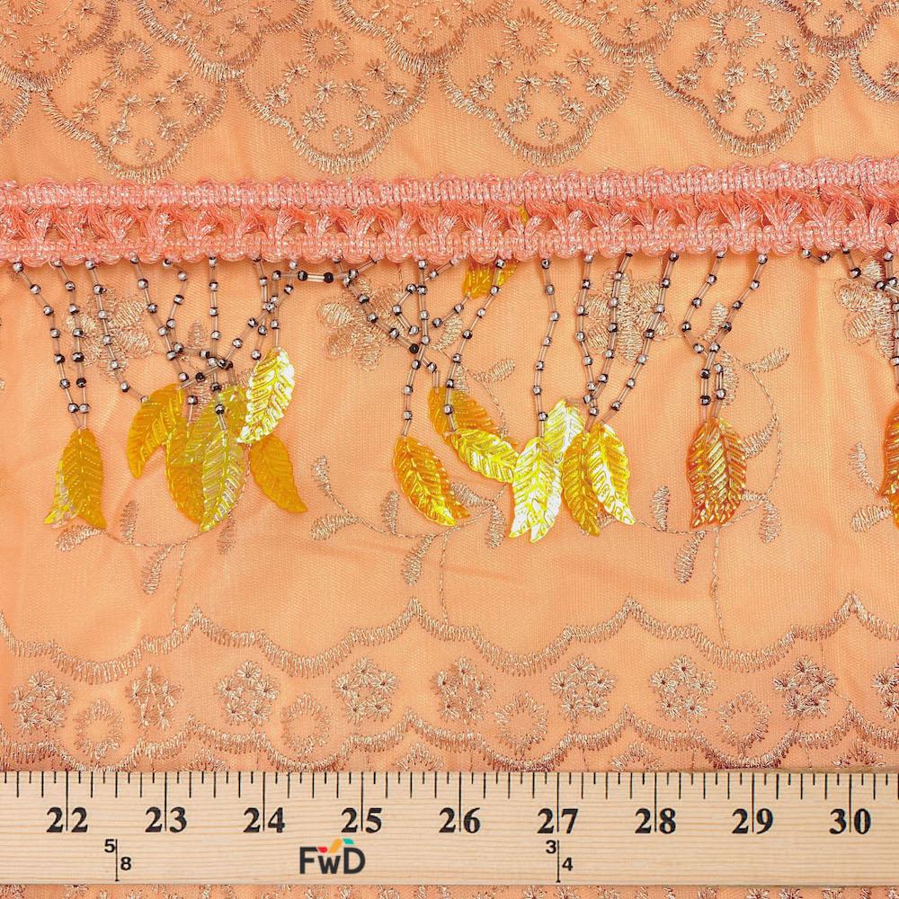 Peach Daisy Embroidered Lace with Beaded Feathers - Image 3