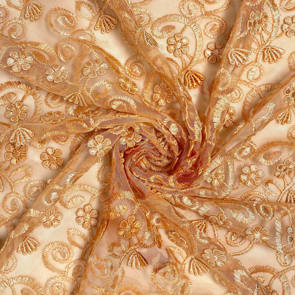 Peach Floral Vine Embroidery on Mesh - Image 2