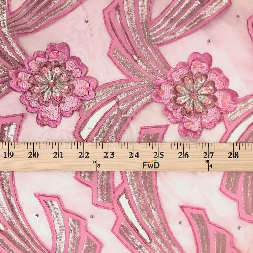 Pink Floral Rhinestone Patch on Organza Embroidered Lace - Image 3