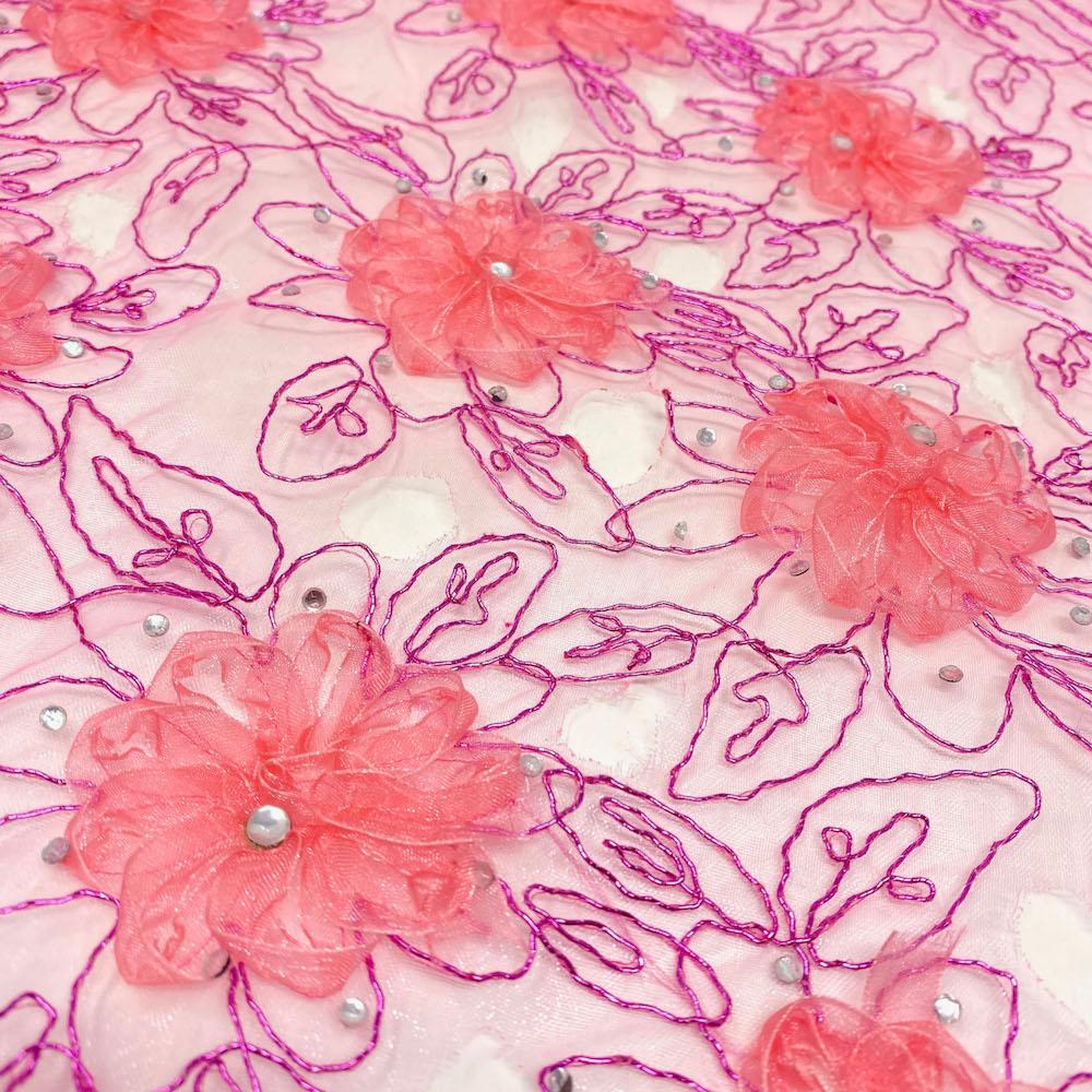 Pink Floral Ribbon Corded on Tulle - Image 2