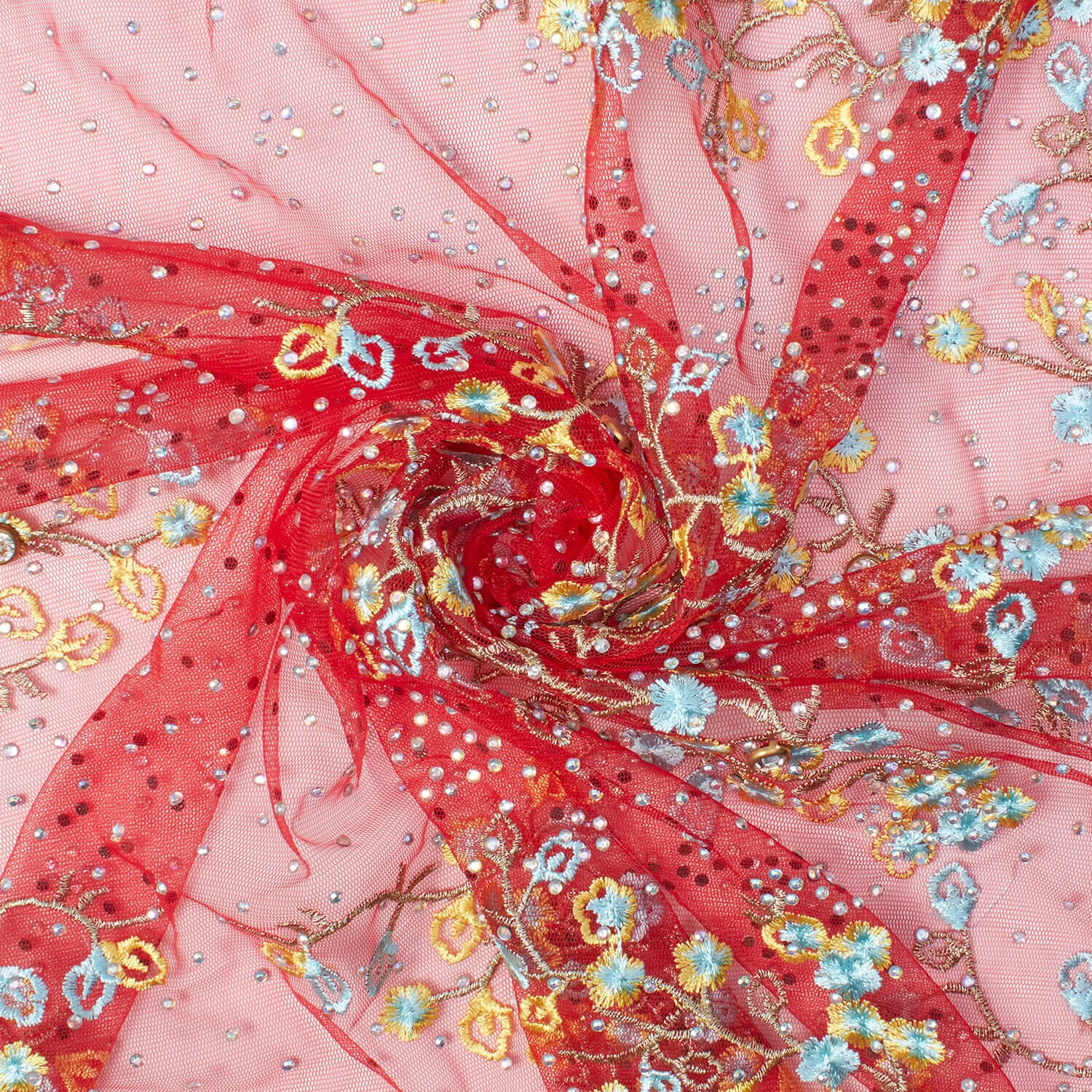 Red Farina Beaded Embroidery Sequins on Mesh Lace - Image 2