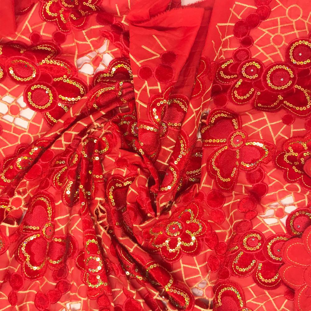 Red Floral Velvet Patch Embroidered on Voile - Image 2