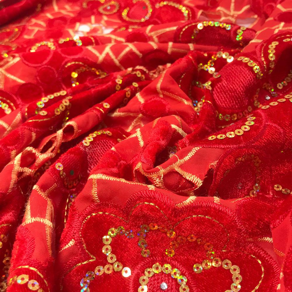 Red Floral Velvet Patch Embroidered on Voile - Image 3