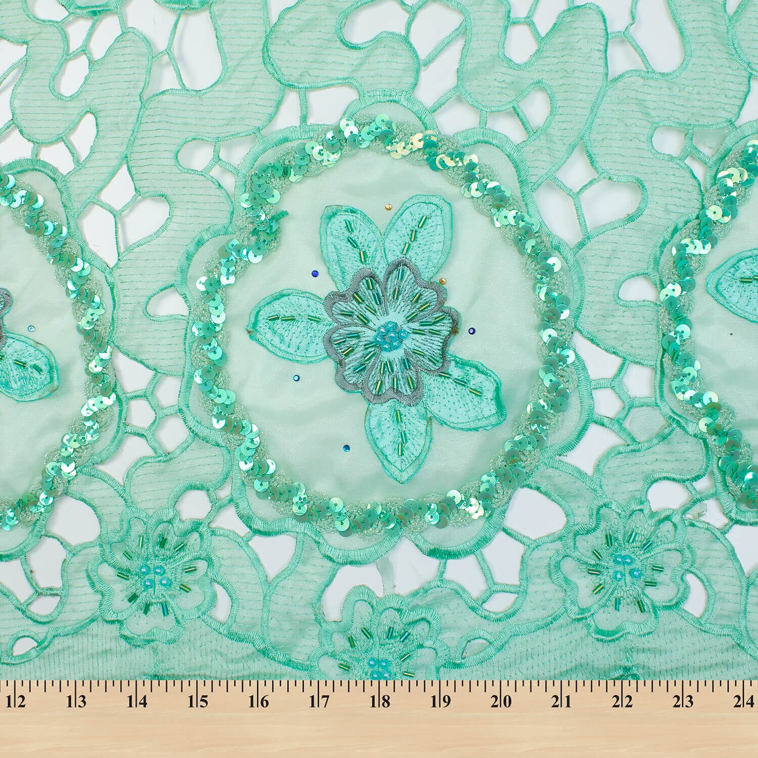 Sea Green Daffodil Lace with Sequins - Image 3