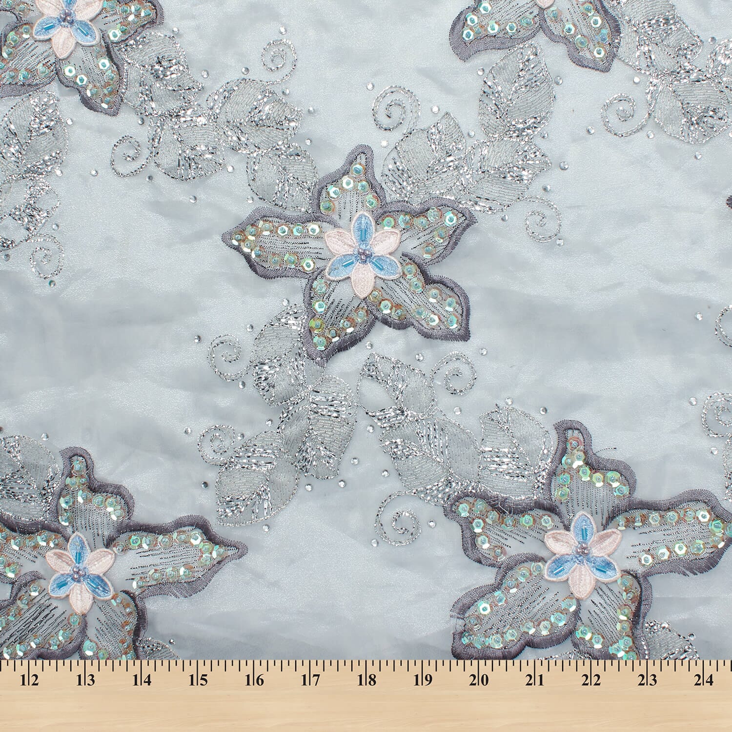 Silver Floral Metallic Foil Organza - Image 3