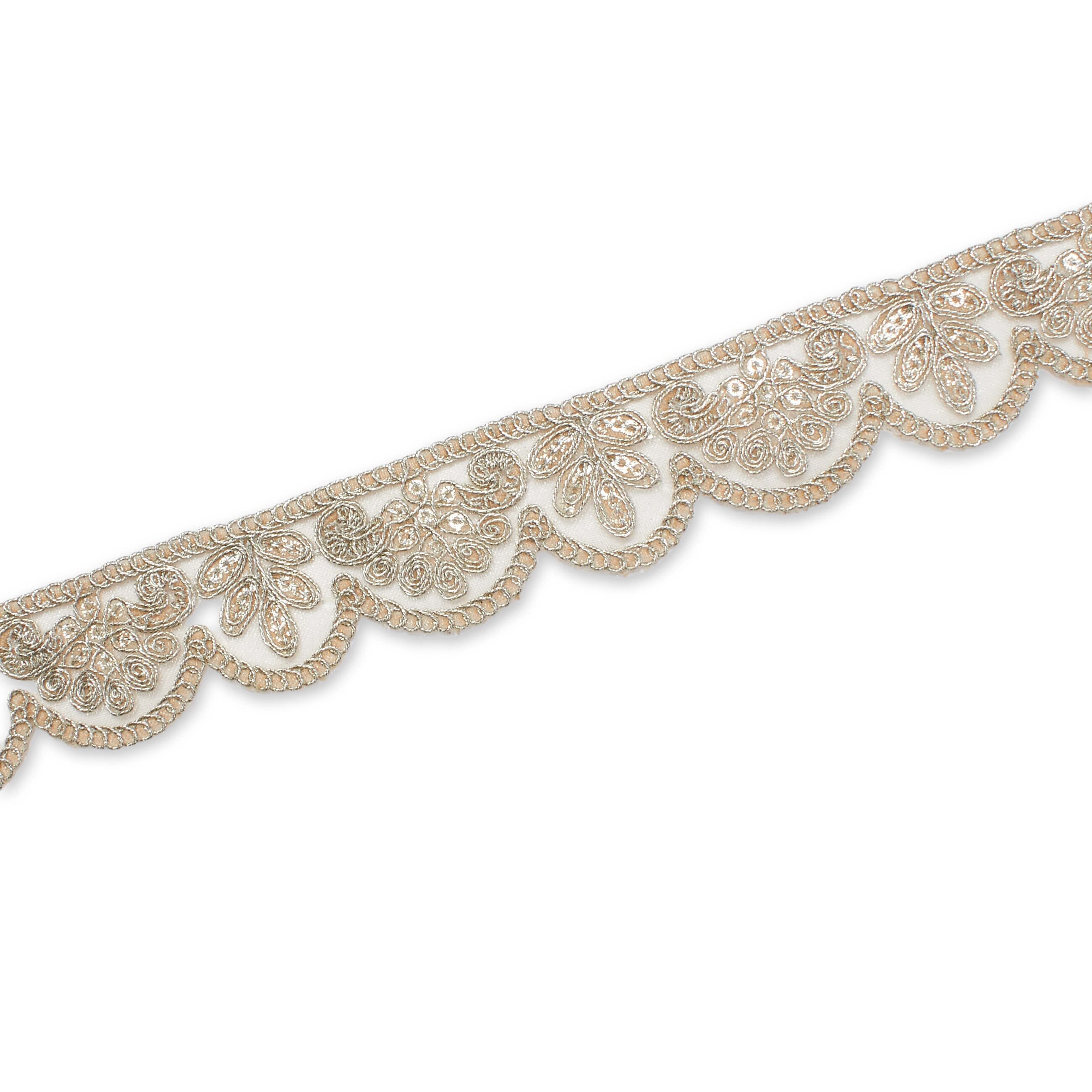 1.25 Inch Vine Sequined Metallic Corded Scalloped Mesh Lace Trim - Image 3