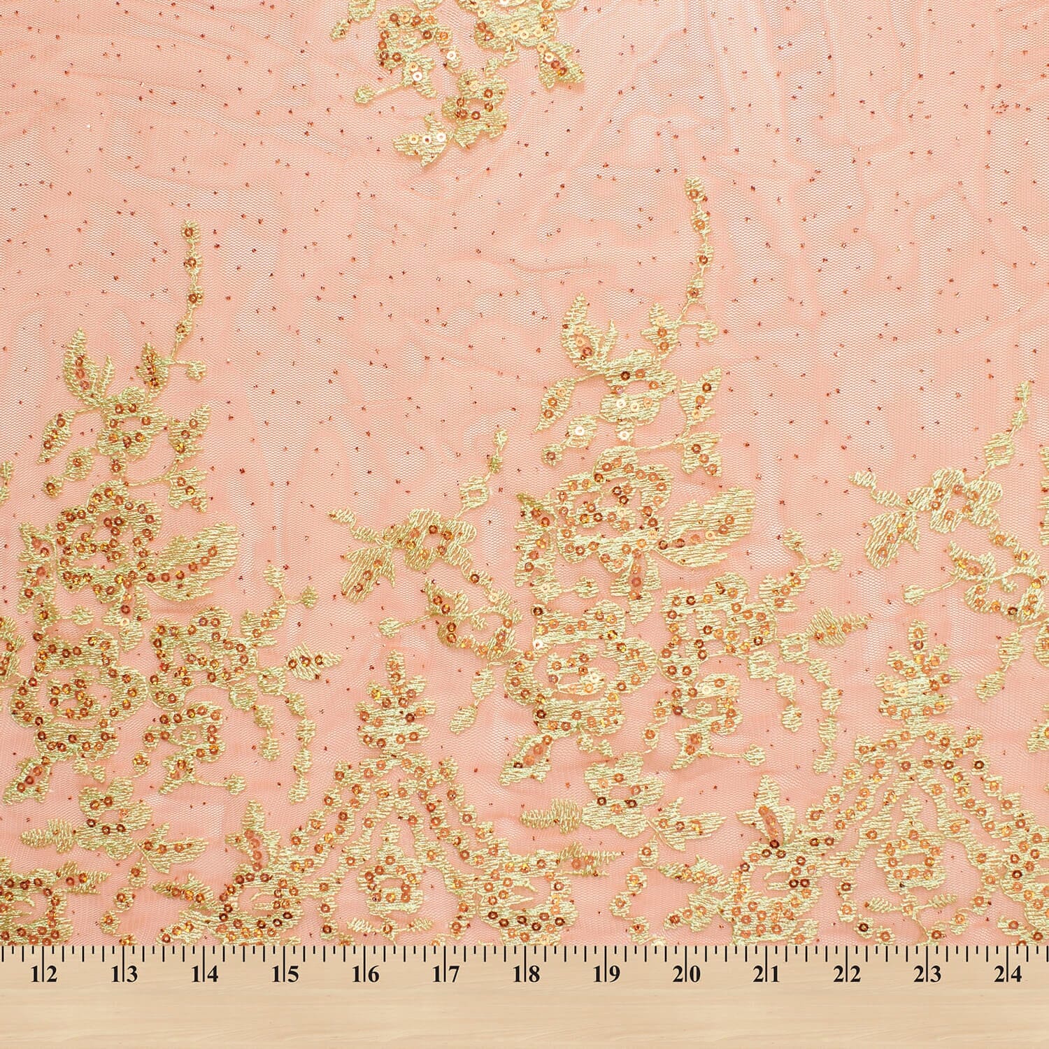 Yellow Floral Embroidery On Peach Mesh - Image 2